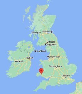 Map of the UK with a marker indicating Carmarthen in Wales